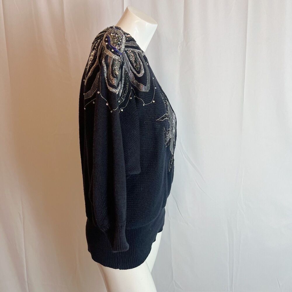 Vintage 80s Bonnie Boerer Black Silver Beaded Embroidered Wrap Sweater Size S - Picture 3 of 6
